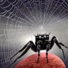 Large Hairy Spider on Rock with Shining Eyes and Web Background