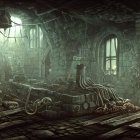Medieval dungeon with chained walls, stone arches, glowing window, scattered objects, and skull