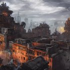 Dystopian cityscape with crumbling buildings and red lights