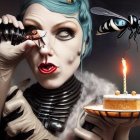 Turquoise-haired person with theatrical makeup holding chocolate bar next to cake with wasp and candle