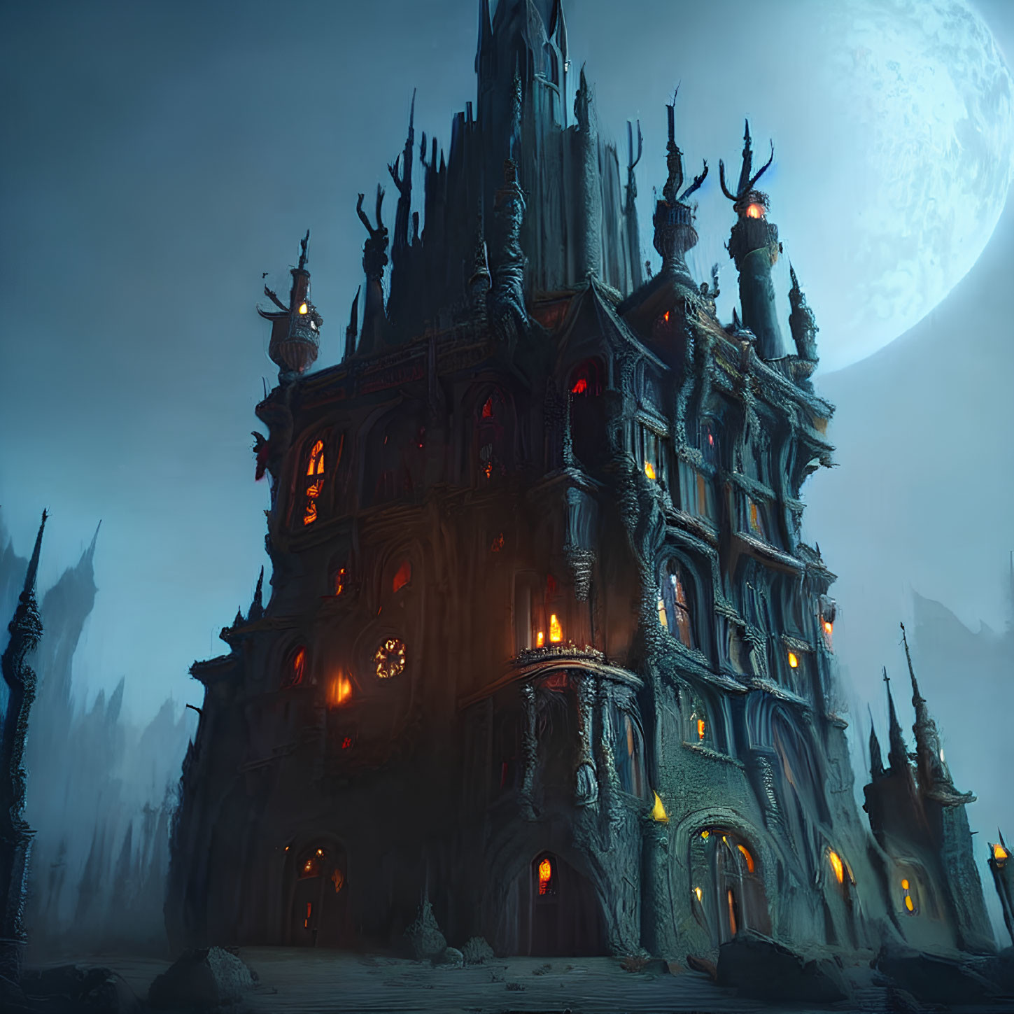 Gothic-style haunted house with luminous windows under full moon