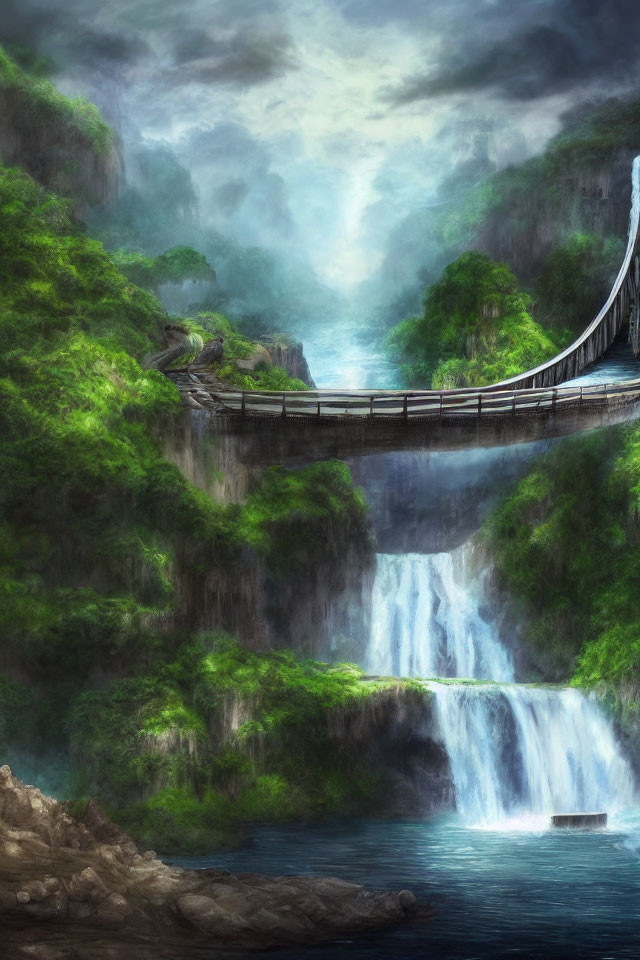Mystical landscape with arched bridge over waterfall surrounded by lush greenery