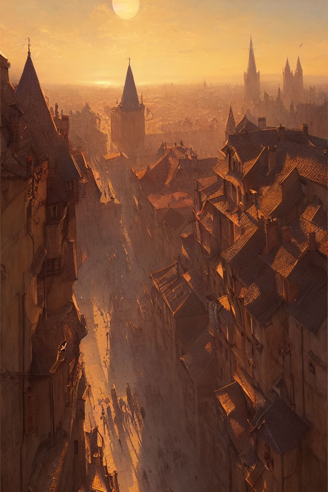 Medieval town at sunset with cobblestone streets and ancient architecture