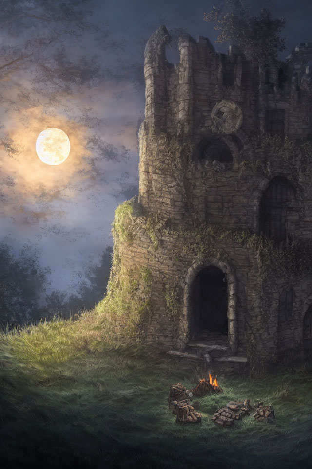 Stone tower covered in vines under full moon with campfire.