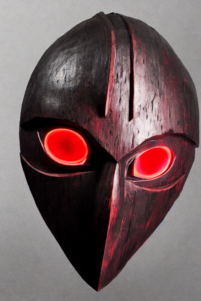 Stylized wooden mask with glowing red eyes and intricate carvings