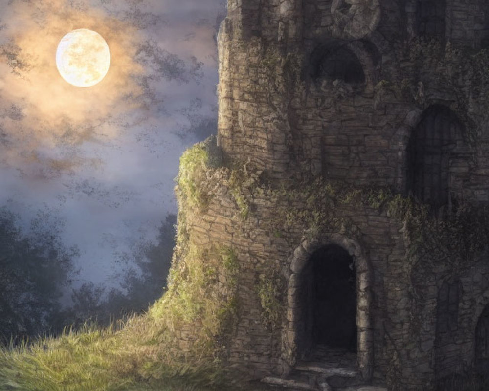 Stone tower covered in vines under full moon with campfire.
