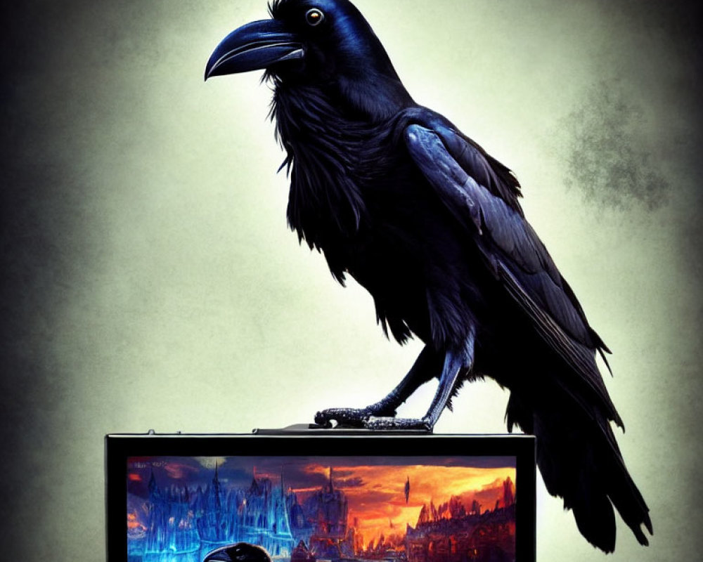 Black raven on monitor with cityscape at dusk against misty gray background