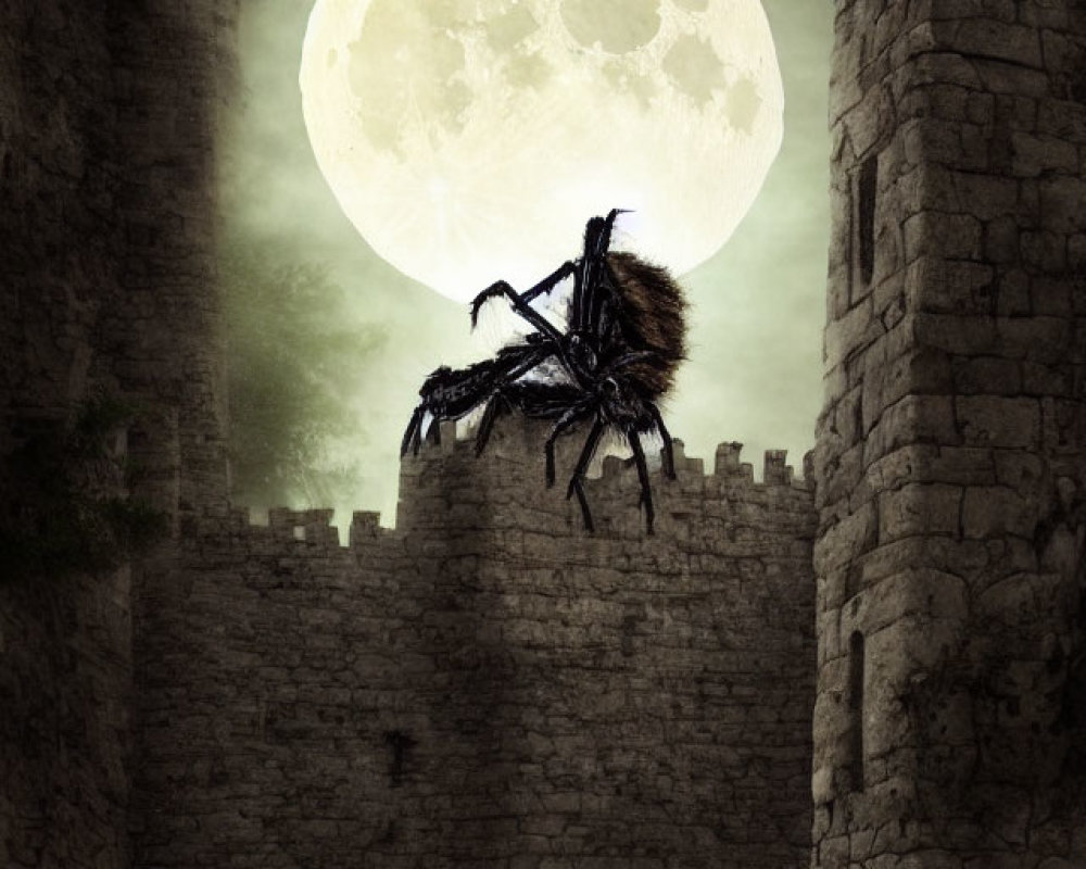 Person by Campfire in Castle Ruins with Giant Spider Under Full Moon