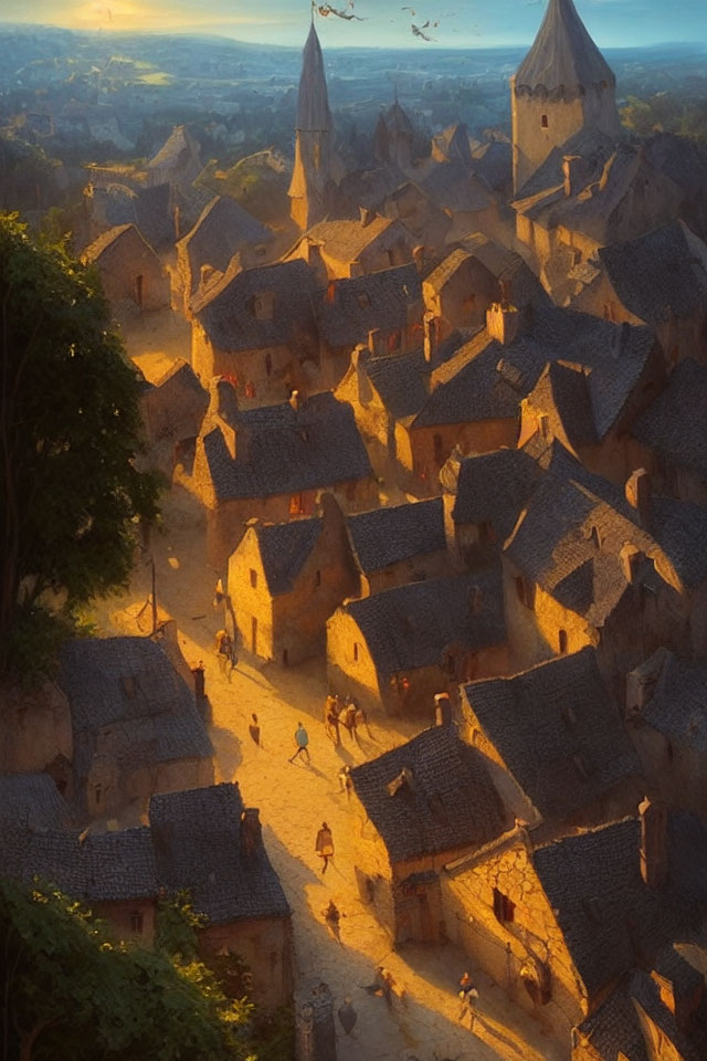 Medieval village at sunset with rustic houses and villagers.