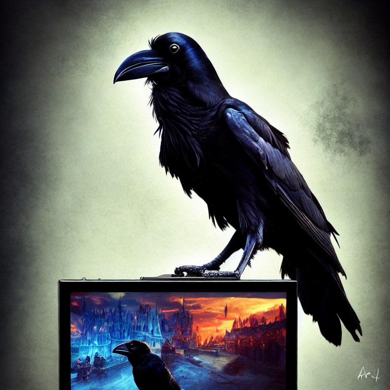 Black raven on monitor with cityscape at dusk against misty gray background