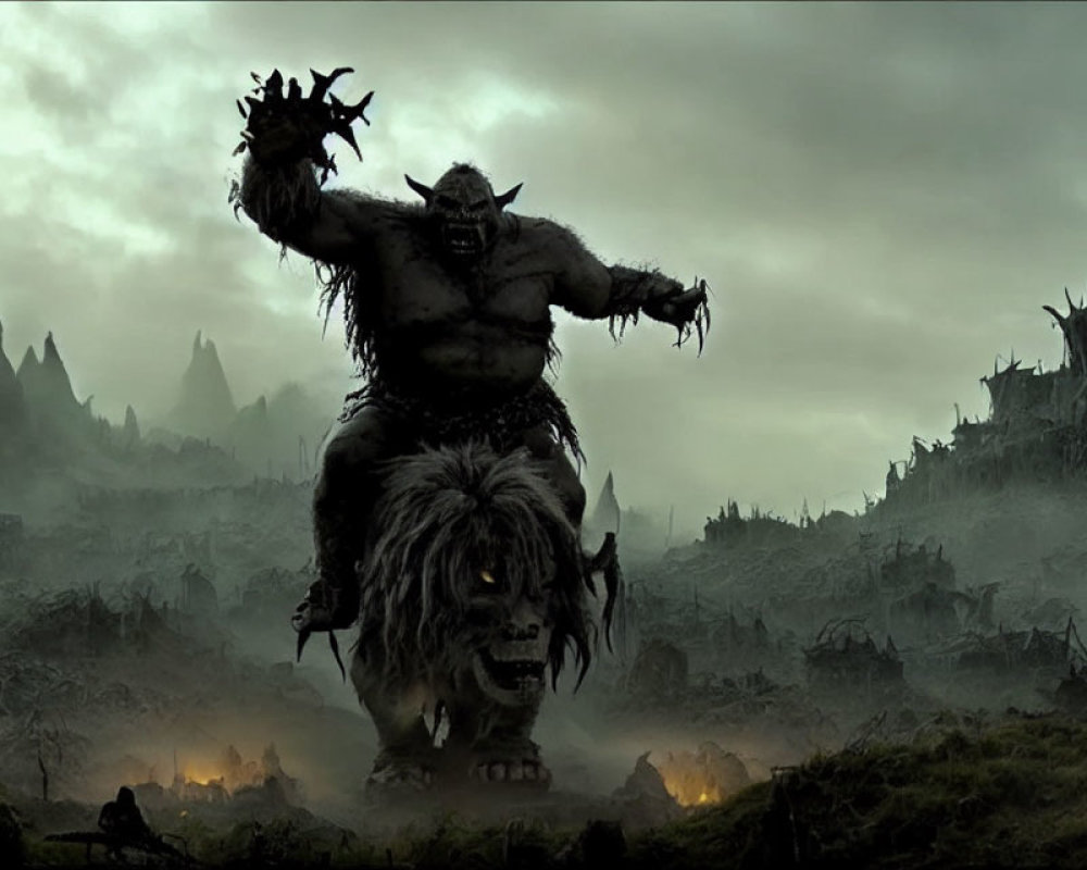Menacing ogre with spiked club on lion-like beast in dark landscape