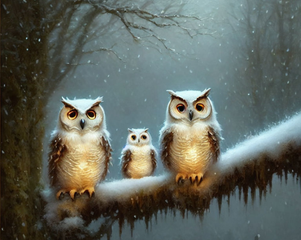 Three owls perched on snowy branch in misty forest setting