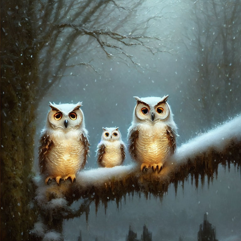 Three owls perched on snowy branch in misty forest setting