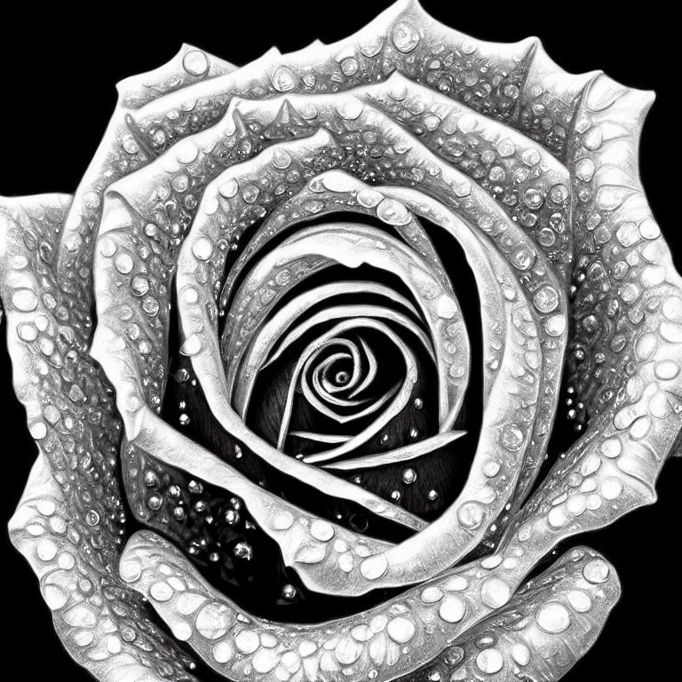 Monochrome close-up photo of a wet rose with intricate petals