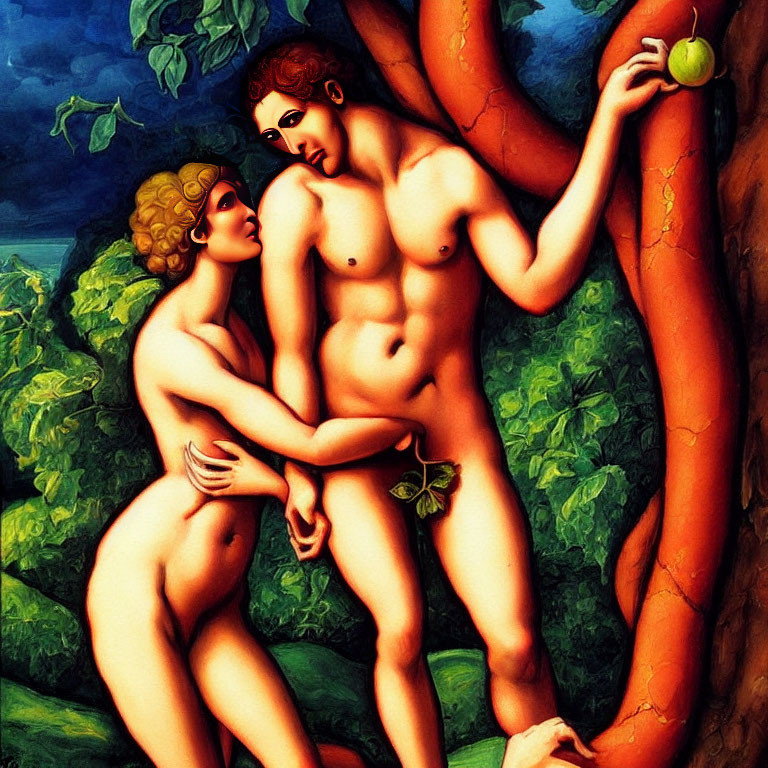Stylized Adam and Eve depiction with apple and serpent in Garden of Eden