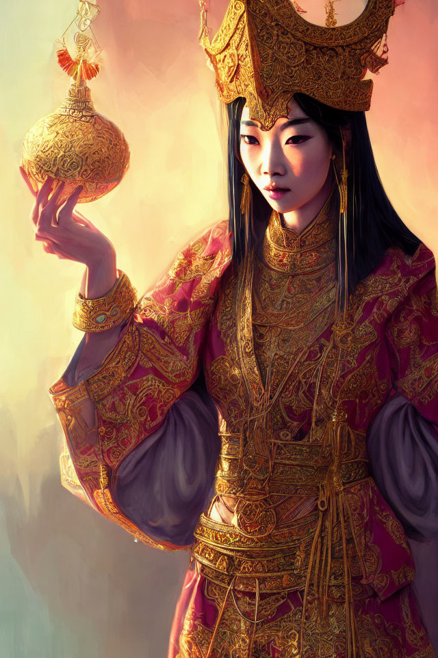 Regal woman in ornate Asian attire with golden artifact in glowing background