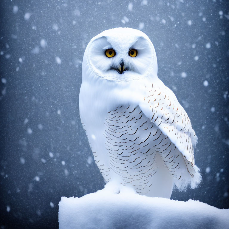 Snowy Owl Perched on Snow-Covered Mound Under Falling Snowflakes
