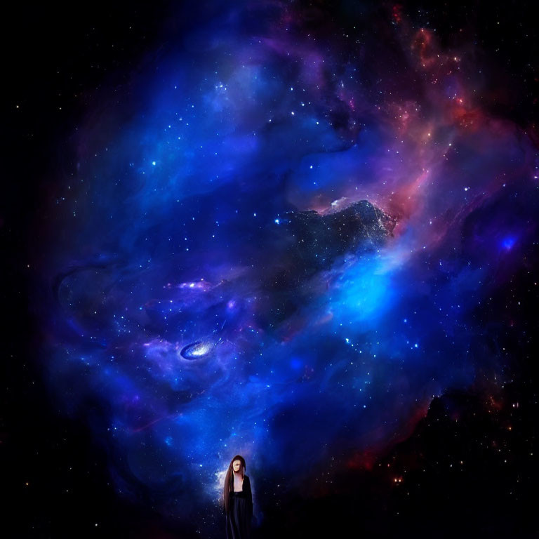 Person in dark space with vibrant blue and purple nebula and celestial bodies.