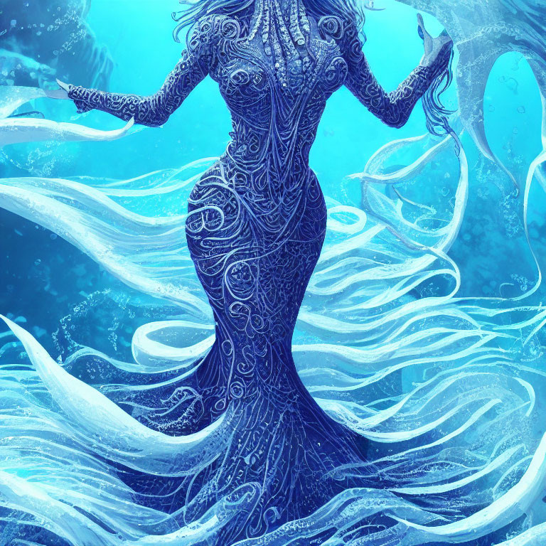 Ethereal blue mermaid with intricate body designs underwater