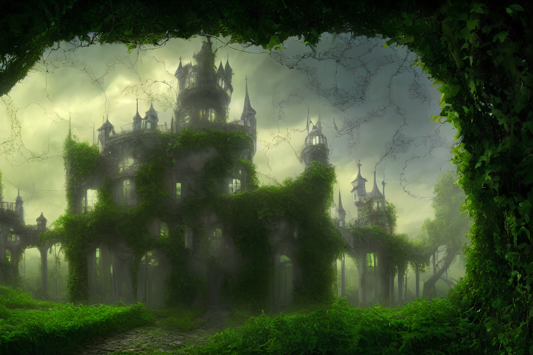 Mystical castle covered in green ivy nestled in lush forest