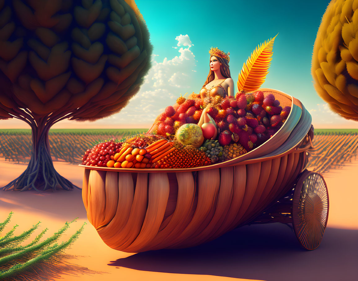 Woman with autumnal elements on cart in surreal landscape with colorful fruits