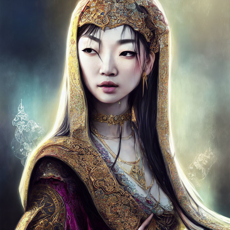 Digital art portrait of woman with Asian features in ornate golden headdress and regal attire.
