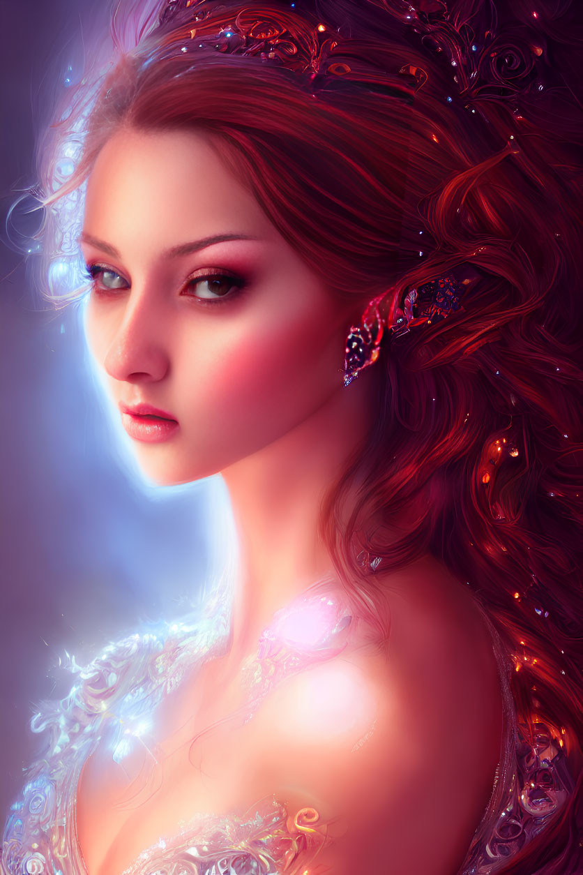 Illustrated portrait of a woman with ornate adornments and red hair, exuding mystical aura