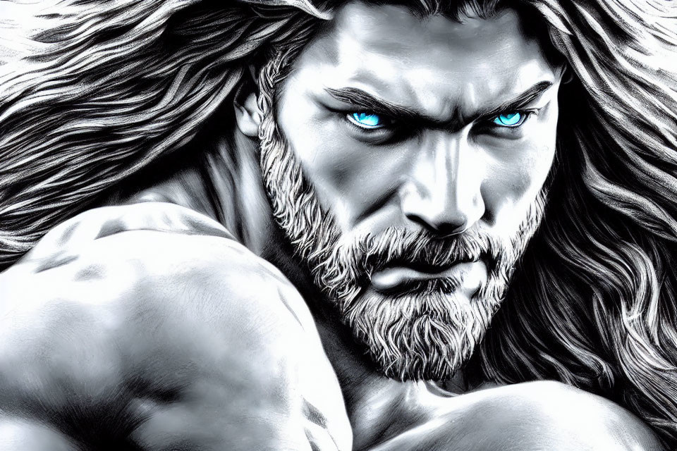 Monochromatic artwork of muscular man with flowing hair, beard, and blue eyes