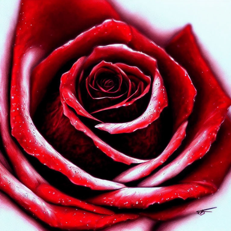 Detailed Drawing of Red Rose with Water Droplets on Petals