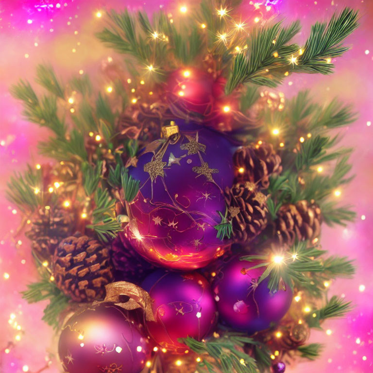 Christmas wreath with purple and red baubles and lights on pink background