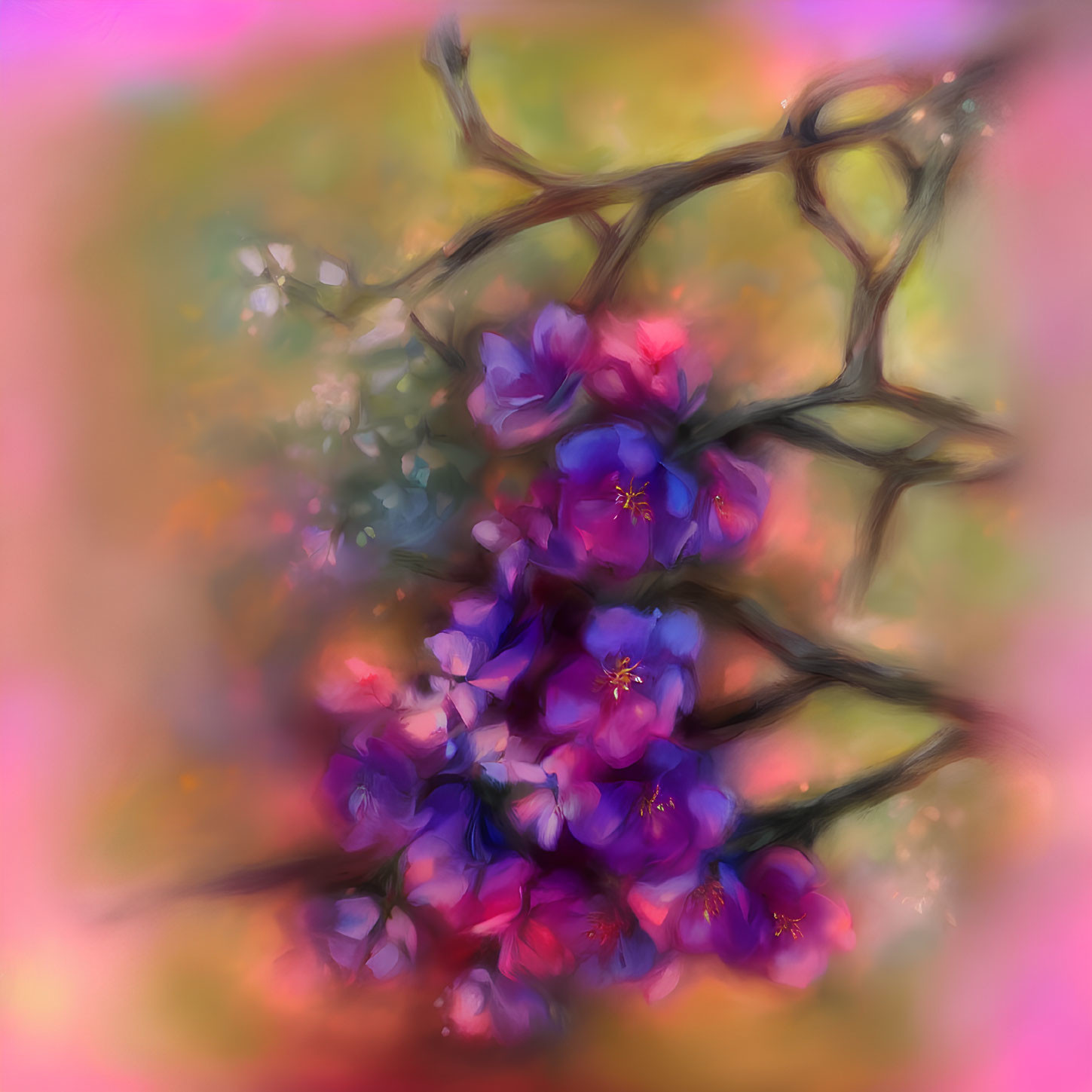 Impressionist-style painting of purple flowers on twisting branches.