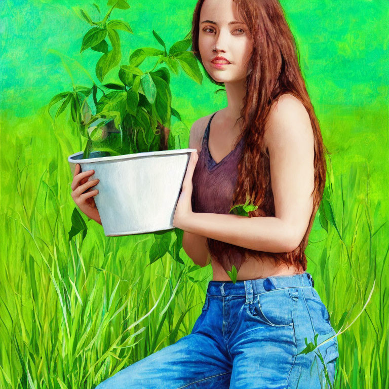 Woman with Long Brown Hair Holding Plant Pot on Green Background