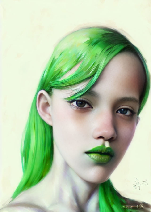 Portrait of person with luminous green hair and lips on pale yellow background