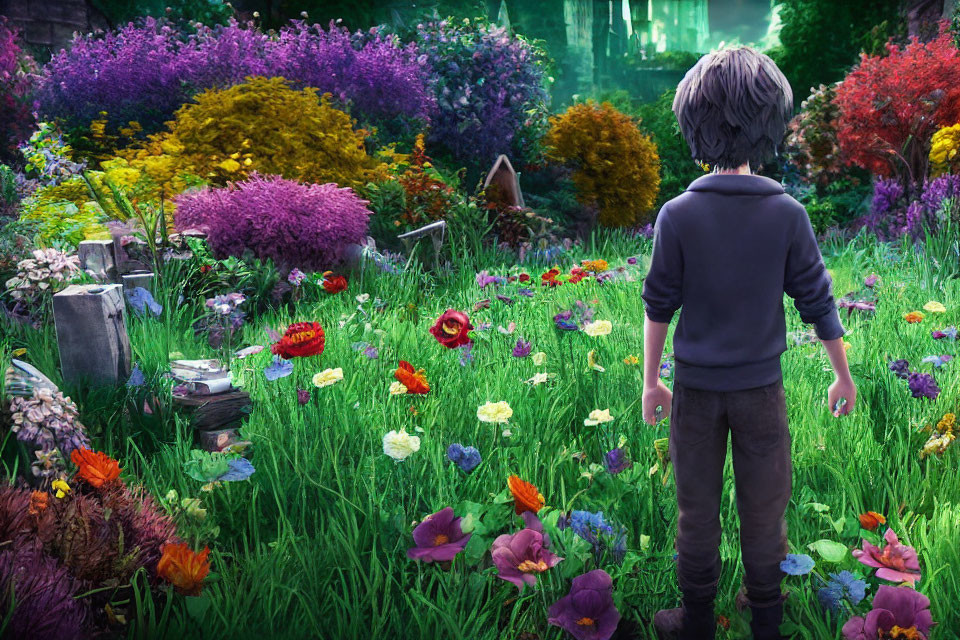 Child admires vibrant garden with lush green grass and colorful flowers