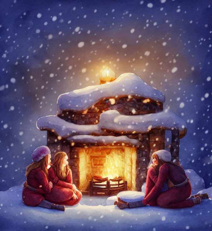 Cozy winter scene: Four people by fireplace at snow-covered cabin