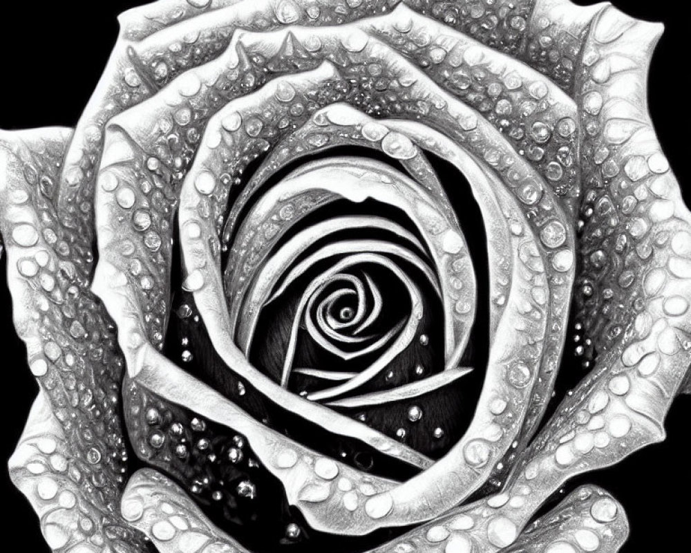 Monochrome close-up photo of a wet rose with intricate petals