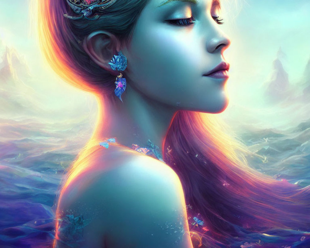 Ethereal woman with decorative crown and glowing iridescence