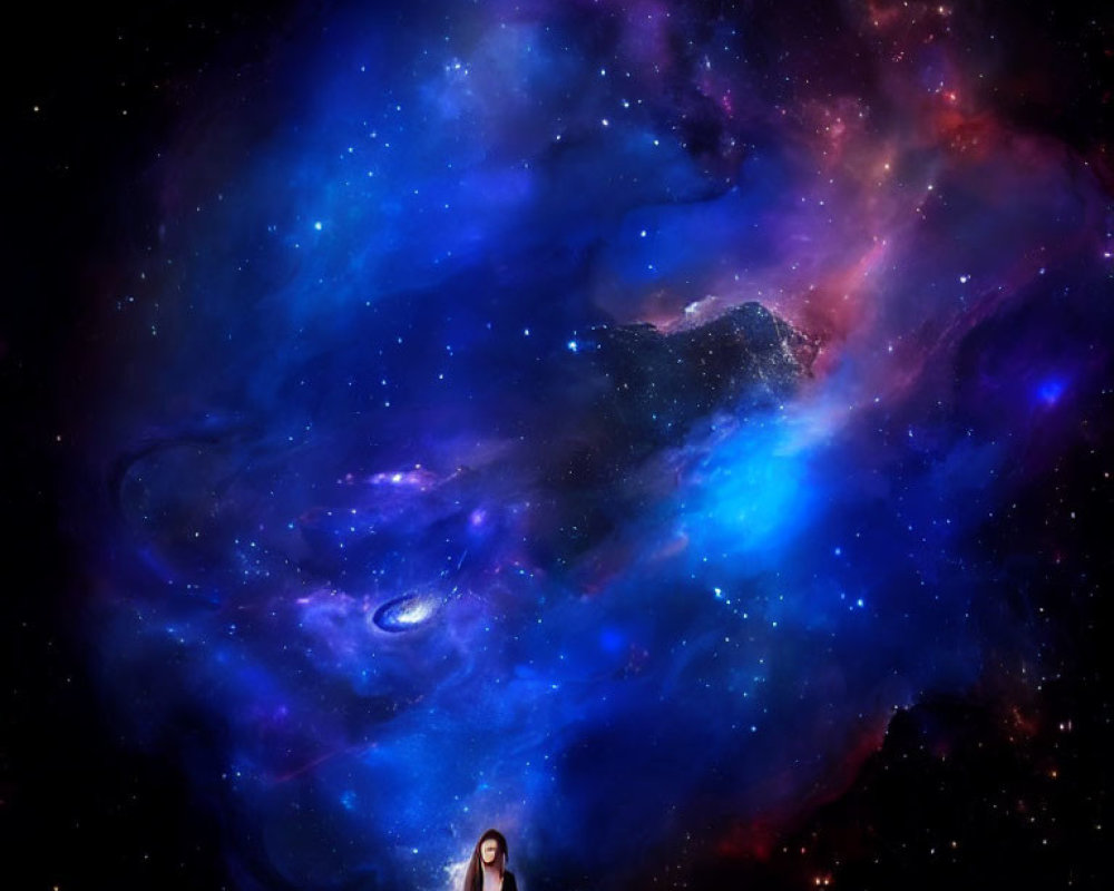 Person in dark space with vibrant blue and purple nebula and celestial bodies.