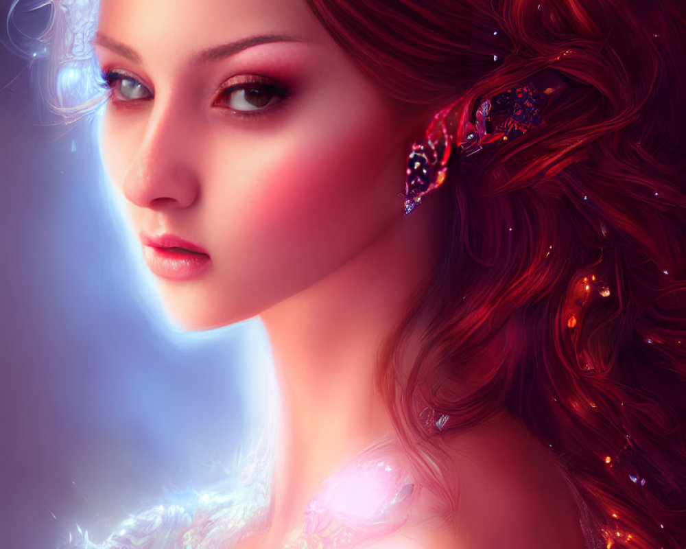Illustrated portrait of a woman with ornate adornments and red hair, exuding mystical aura