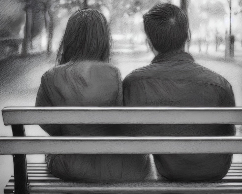 Couple sitting closely on park bench in black and white pencil sketch image