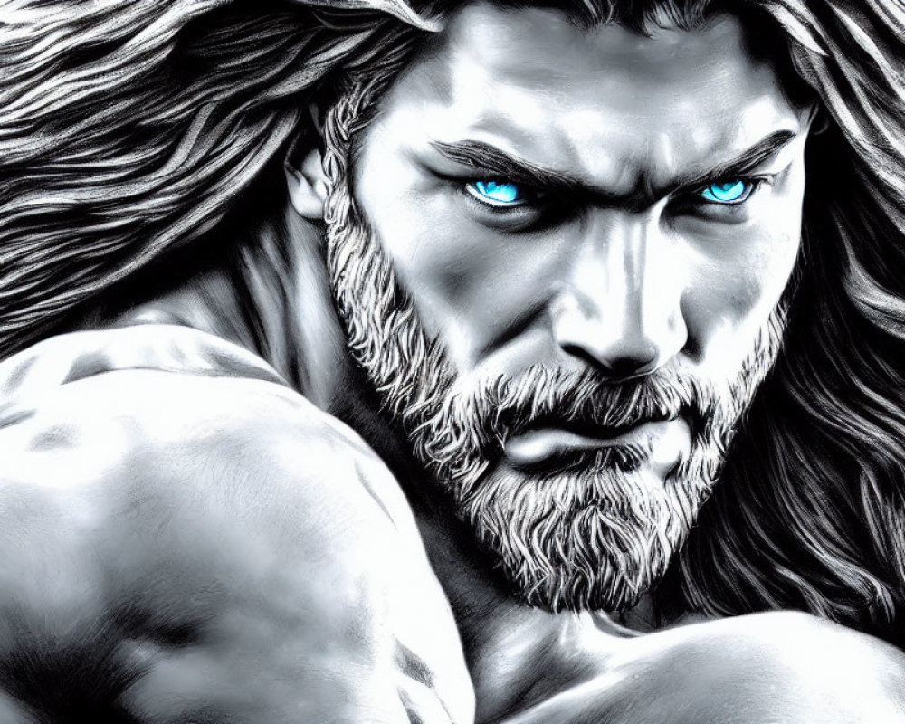 Monochromatic artwork of muscular man with flowing hair, beard, and blue eyes