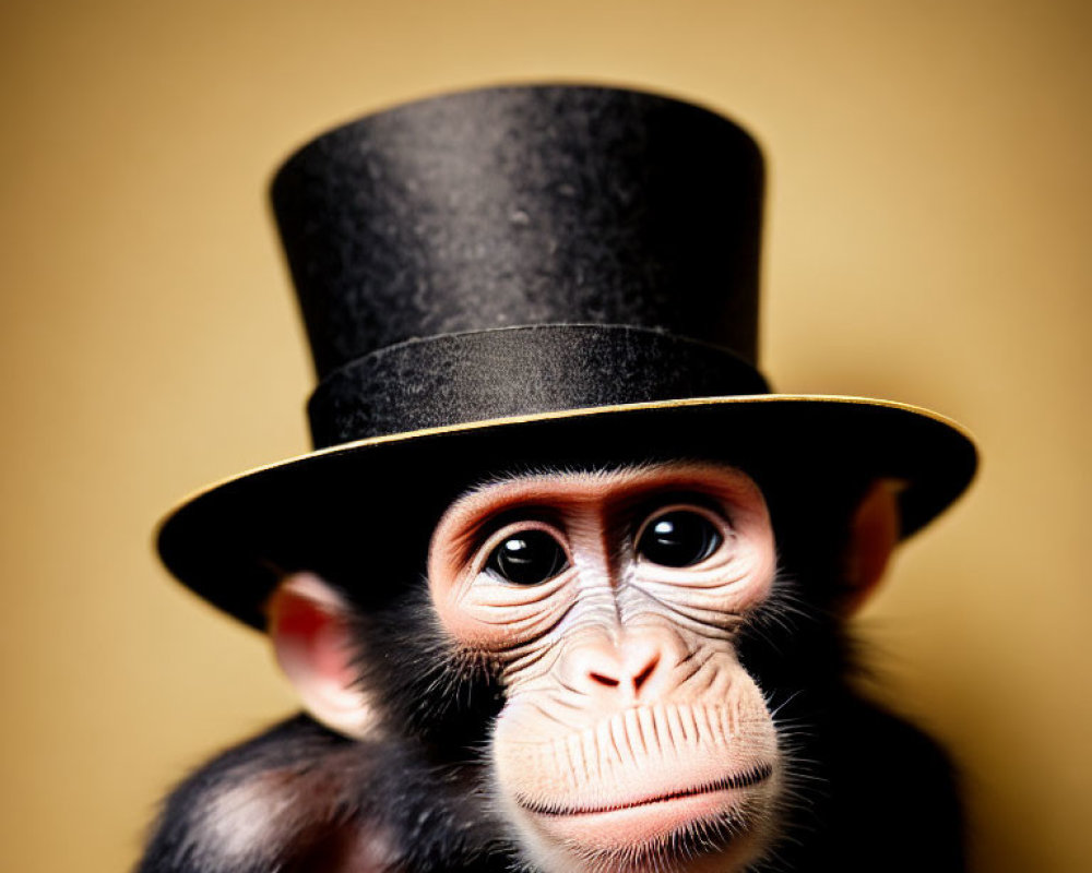 Young Monkey in Black Top Hat on Tan Background