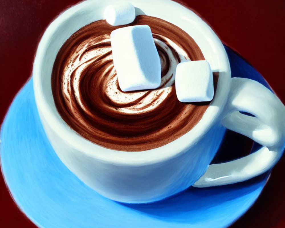 Hot Chocolate with Whipped Cream and Marshmallows on Blue Saucer Against Dark Red Background