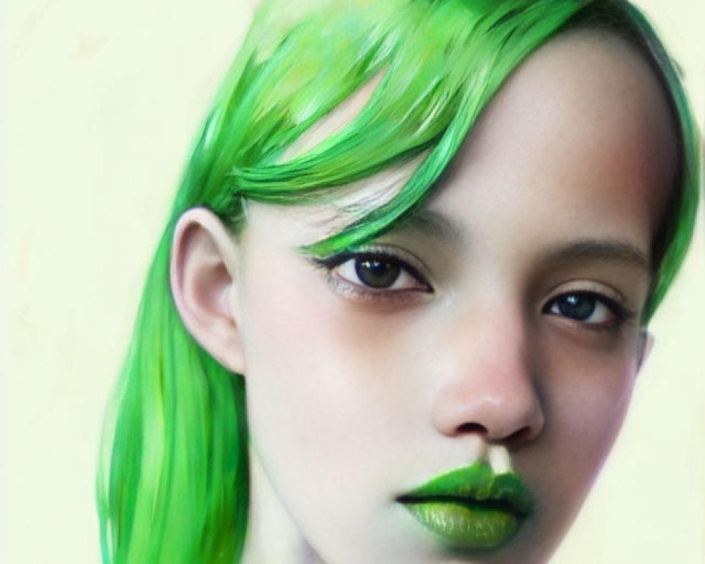 Portrait of person with luminous green hair and lips on pale yellow background
