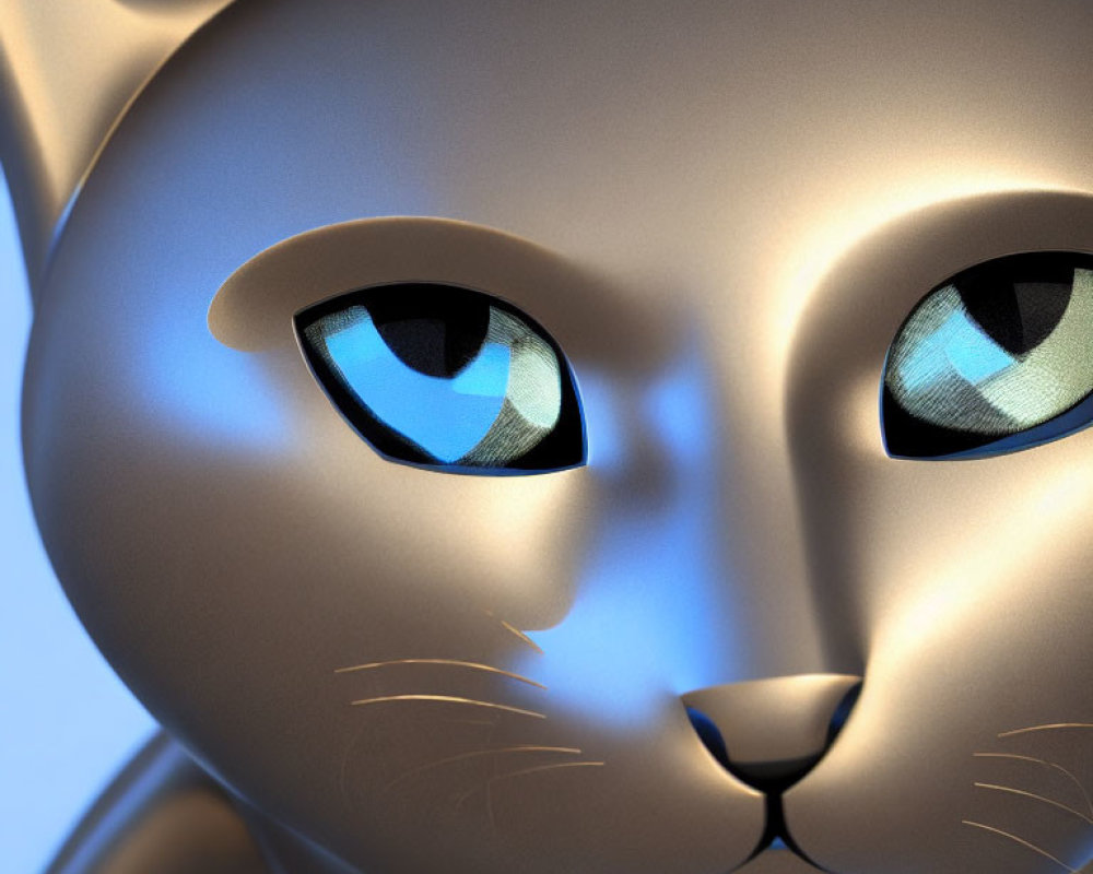 Detailed 3D-rendered metallic cat with blue eyes and whiskers on light background