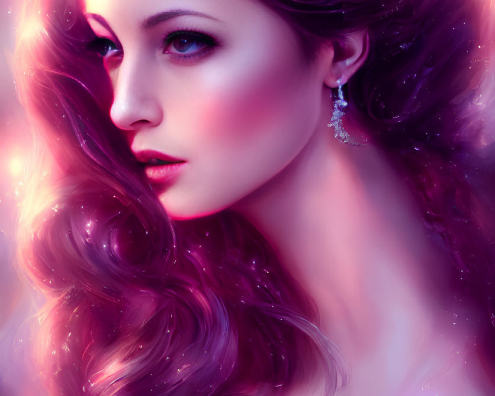 Vibrant purple-themed portrait of a woman with flowing hair and elegant accessories