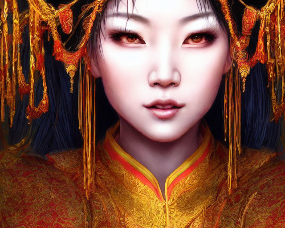 Elaborate gold and red traditional headgear on woman in digital portrait