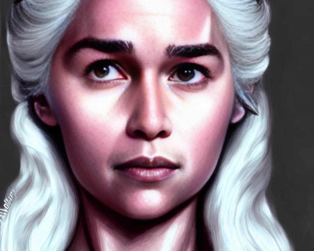 Silver-haired woman with braided crown and brown eyes in digital portrait