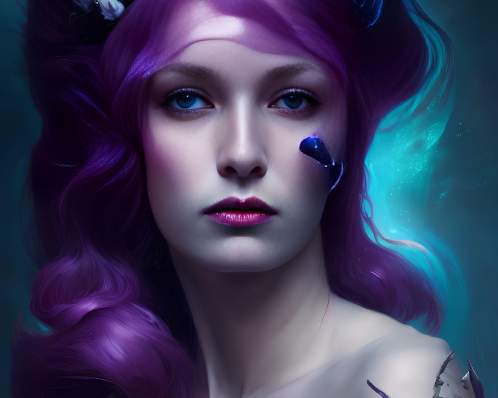 Portrait of woman with purple hair, dark crown, and blue makeup in a fantastical setting