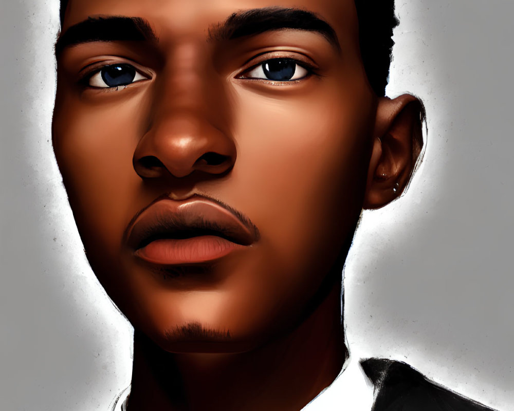 Young man in dark suit with short hair and earring in digital portrait
